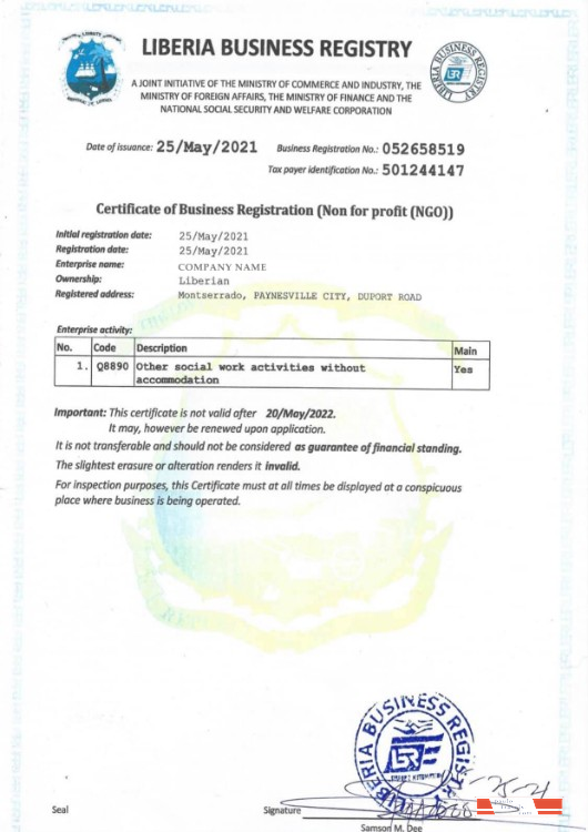 Liberia Certificate of Business Registration